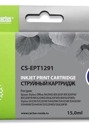 Картридж струйный Cactus CS-EPT1291 T1291 черный (15мл) для Epson Stylus Office B42/BX305/BX305F/BX320/BX525/BX625/SX420/SX425/SX525/SX620