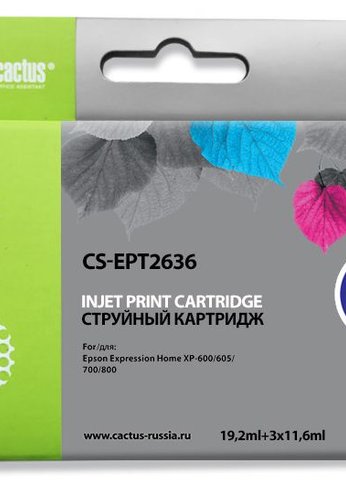 Картридж струйный Cactus CS-EPT2636 26XL черный/голубой/пурпурный/желтый набор (57.2мл) для Epson Expression Home XP-600/605/700