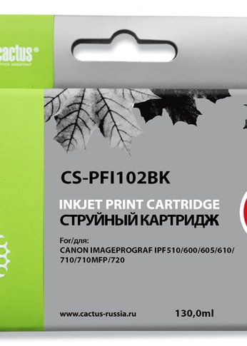 Картридж струйный Cactus CS-PFI102BK черный (130мл) для Canon iPF500/iPF600/iPF700/ MFP M40/iPF765/LP17/LP24