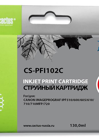 Картридж струйный Cactus CS-PFI102C синий (130мл) для Canon IP iPF500/iPF600/iPF700/ MFP M40/iPF765/LP17/LP24