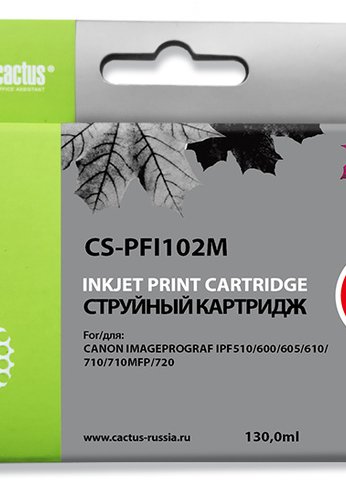 Картридж струйный Cactus CS-PFI102M пурпурный (130мл) для Canon IP iPF500/iPF600/iPF700/MFP M40/iPF765/LP17/LP24