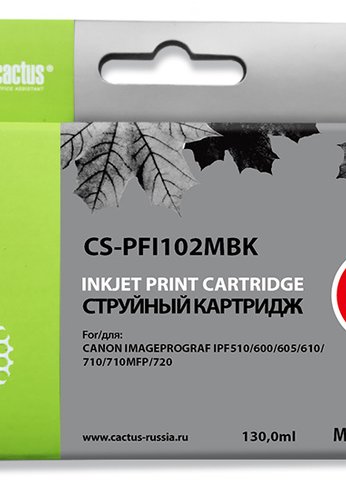 Картридж струйный Cactus CS-PFI102MBK черный матовый (130мл) для Canon iPF500/iPF600/iPF700/ MFP M40/iPF765/LP17/LP24