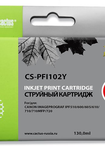 Картридж струйный Cactus CS-PFI102Y желтый (130мл) для Canon IP iPF500/iPF600/iPF700/MFP M40/iPF765/LP17/LP24