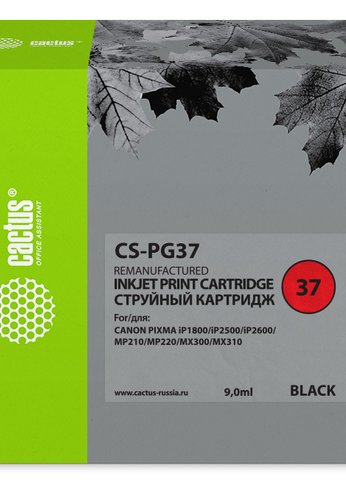 Картридж струйный Cactus CS-PG37 черный (9мл) для Canon Pixma iP1800/iP1900/iP2500/iP2600/MP140/MP190/MP210/MP220/MP470/MX300/MX310