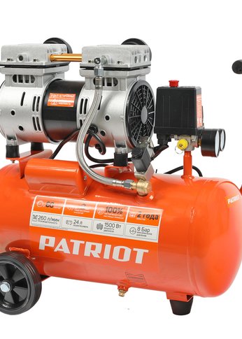 Компрессор поршневой Patriot WO 24-260S безмасляный, 260 л/мин, 8 бар, 1500 Вт, 24 л, быстросъемный 1/4"