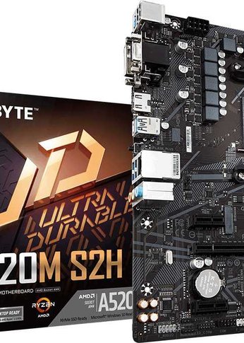 Материнская плата Gigabyte A520M S2H Soc-AM4 AMD A520 2xDDR4 mATX AC`97 8ch(7.1) GbLAN RAID+VGA+DVI+HDMI