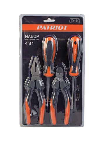 Набор инструментов Patriot 4 в 1 SPS-4: отвертки SL6*100, PH2*100, пассатижи 180мм, кусачки 160мм