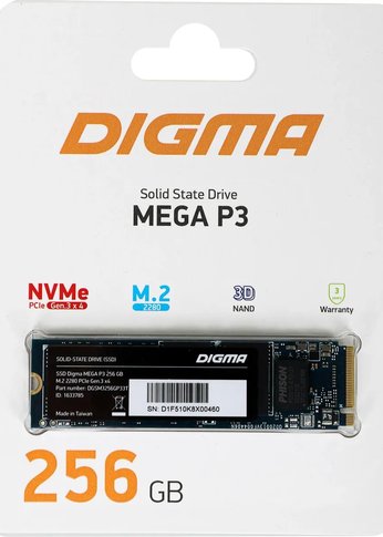 Накопитель SSD 256Gb Digma PCI-E 3.0 x4 M.2 2280 DGSM3256GP33T Mega P3