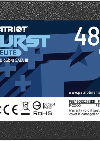 Накопитель SSD 480Gb Patriot SATA-III Burst Elite 3D NAND Скорость записи 320 Мб/сек. Скорость чтения 450 Мб/сек. TbW 200 Tb PBE480GS25SSDR