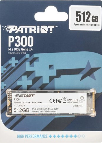 Накопитель SSD 512Gb Patriot PCI-E x4 M.2 2280 P300 NVMe 3D NAND Скорость записи 1200 Мб/сек. Скорость чтения 1700 Мб/сек. TBW 240 Тб P300P512GM28