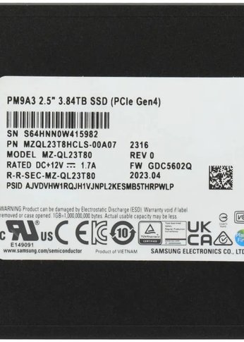 Накопитель SSD 960Gb Samsung PCIe 4.0 x4 MZQL23T8HCLS-00A07 PM9A3 2.5" 1 DWPD OEM