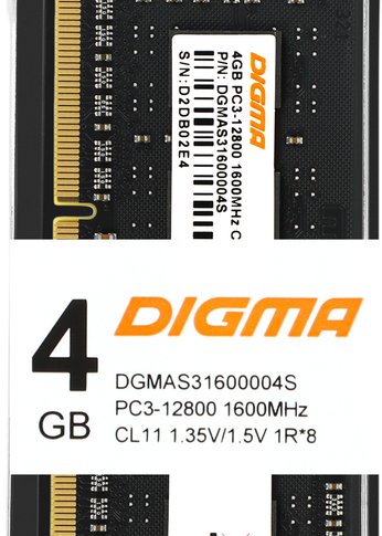 Память SO-DIMM DDR3L 4Gb 1600MHz Digma DGMAS31600004S RTL PC3-12800 CL11 204-pin 1.35В single rank Ret