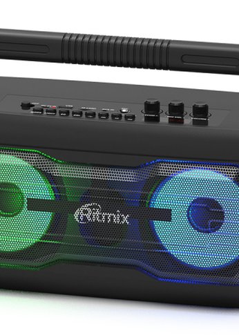 Портативная акустика Ritmix SP-610B black AUX, USB, microSD (MP3, WAV, WMA, APE), RGB-подсветка, эквалайзер, дисплей: LED, возможность, микрофонный вх