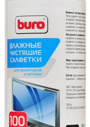 Салфетки Buro BU-Tscrl для экранов ЭЛТ мониторов/плазменных/ЖК телевизоров/мониторов с покрытием из стекла туба 100шт влажных