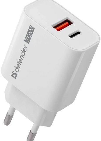 Сетевое З/У Defender UPA-130 USB-C/PD30W + USB-A/QC3.0, белый.