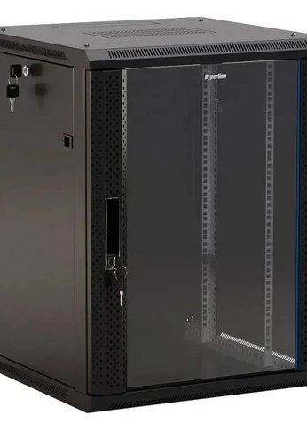 Шкаф коммутационный Hyperline (TWB-0945-GP-RAL9004) настенный 9U 600x450мм пер.дв.стекл 2 бок.пан. 60кг черный 500мм IP20 сталь