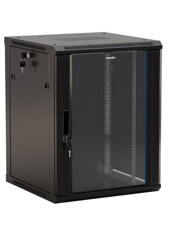 Шкаф коммутационный Hyperline (TWB-1566-GP-RAL9004) настенный 15U 600x600мм пер.дв.стекл 2 бок.пан. 60кг черный IP20 сталь