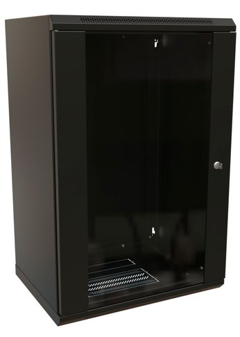 Шкаф коммутационный WRline (WR-TW-1845-GP-RAL9004) настенный 18U 600x450мм пер.дв.стекл 2 бок.пан. направл.под винты 60кг черный 370мм 908мм IP20 ста