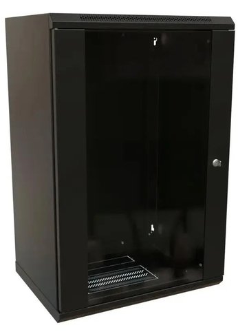 Шкаф коммутационный WRline (WR-TW-2245-GP-RAL9004) настенный 22U 600x450мм пер.дв.стекл 2 бок.пан. направл.под винты 60кг черный 370мм 1086мм IP20 ст