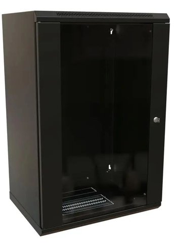 Шкаф коммутационный WRline (WR-TW-2266-GP-RAL9004) настенный 22U 600x600мм пер.дв.стекл 2 бок.пан. направл.под винты 60кг черный 520мм 1086мм IP20 ст