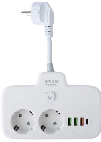 Удлинитель Amper, 0,2м, 2 розетки, 3*0,75мм, 10А, 2500 Вт, 3usb, 1Type-C, 1кн, белый.