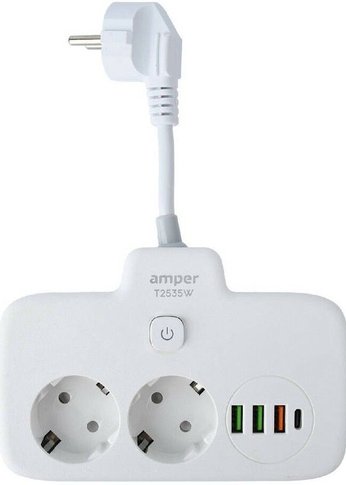 Удлинитель Amper, 0,2м, 2 розетки, 3*0,75мм, 10А, 2500 Вт, 3usb, 1Type-C, 3кн, белый.