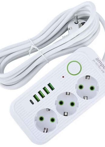 Удлинитель Amper, 4,0м, 3 розетки, 3*0,75мм, 10А, 2500 Вт, 4usb, 1Type-C, белый.