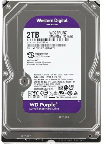 Жесткий диск 2Tb WD SATA-III WD22PURZ Surveillance Purple (5400rpm) 256Mb 3.5"